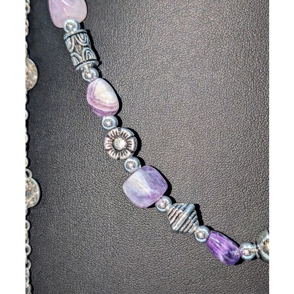 Layers of Amethyst & Silver Tone Beads & Multi Chain Dangle Necklaces - Picture 2 of 8